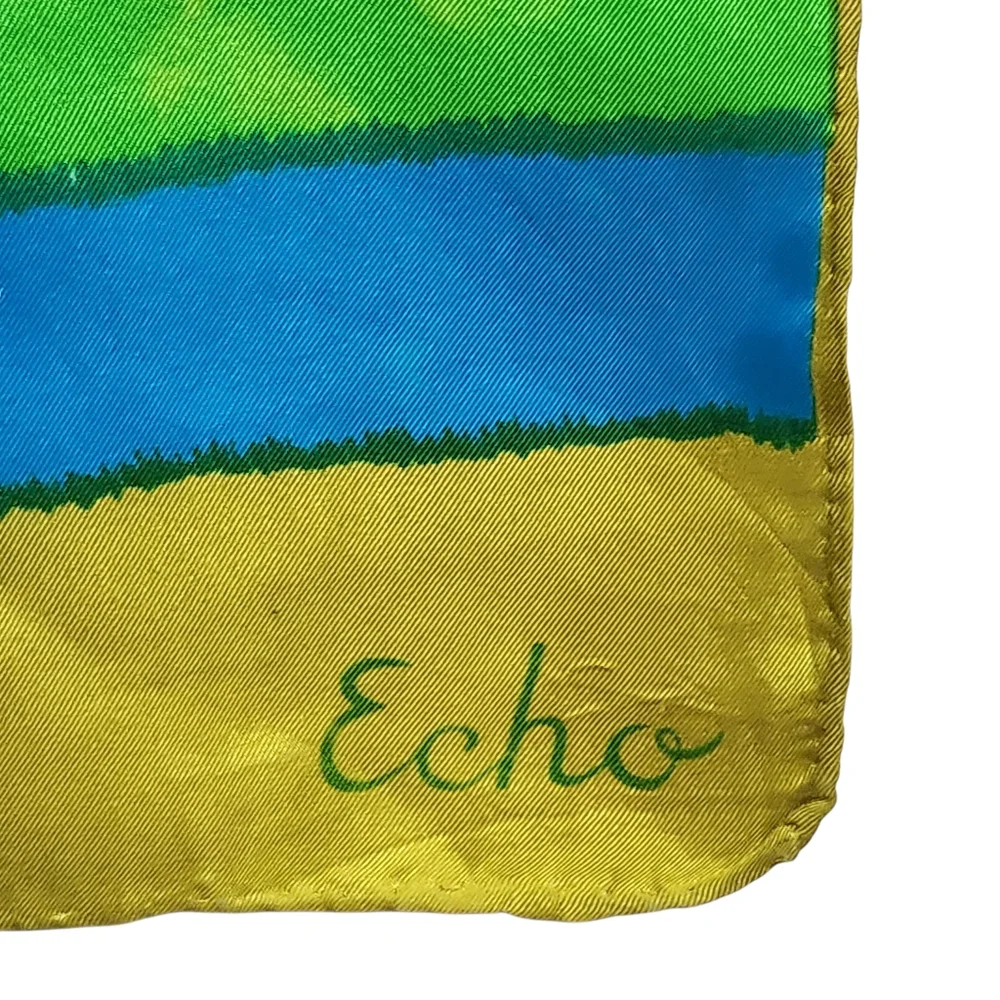 Echo Vintage Silk Long Neck Scarf Striped Watercolor Tie Dye Blue Green Women OS